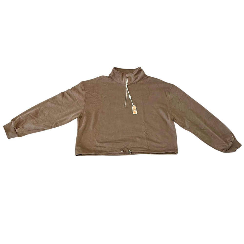 OEAK New-Womens Brown 1/4 Zip Cropped Pullover Sweatshirt Drawstring‎ Hem Medium